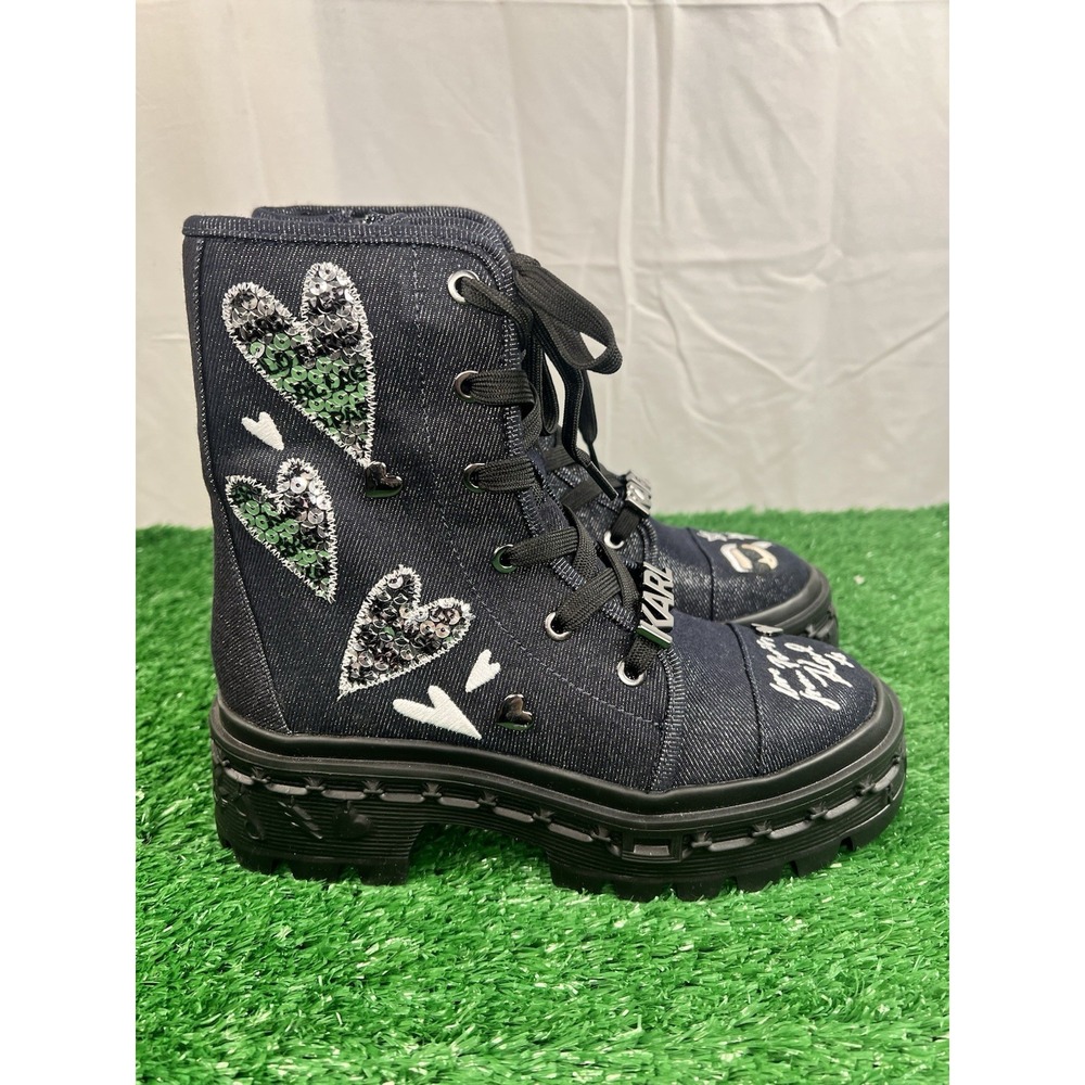 Karl Lagerfeld 5 Lampirini Ikonic Lace Up Combat Boots Denim Embroidery NWOB - Picture 8 of 9